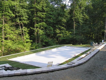 Looking down at the pool from an upper terrace