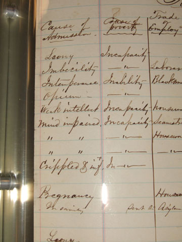 picture of a register entry with records that indicate the reason for admission