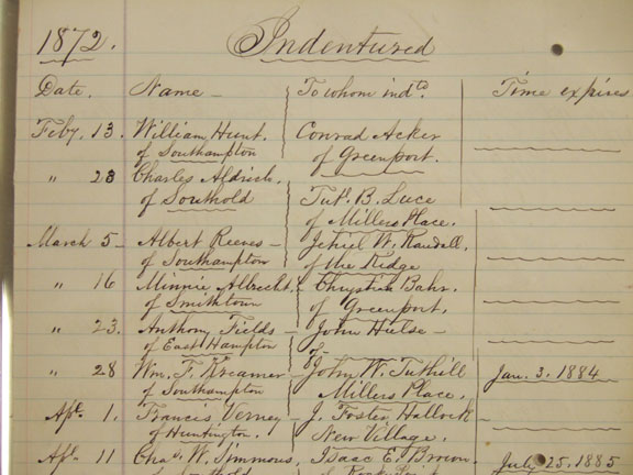 picture of an 1872 register entry with records of indentured residents
